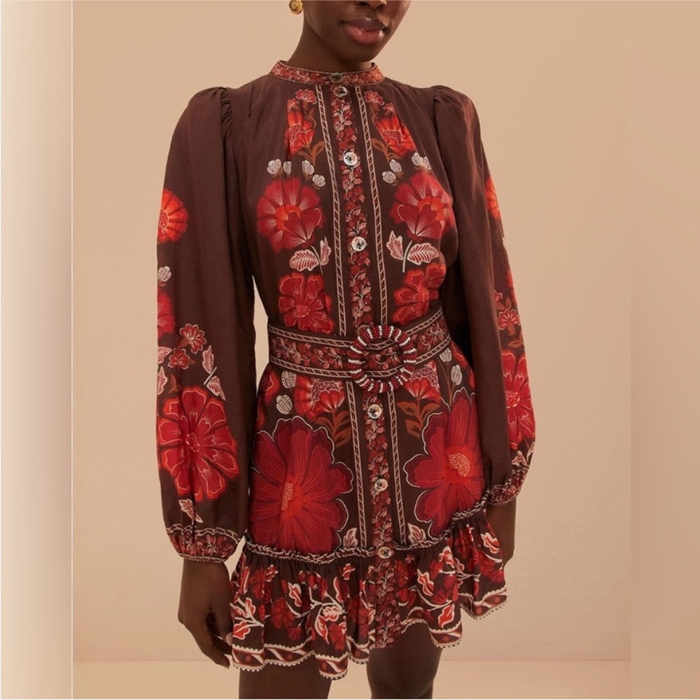 NWT Farm Rio Gigi Embroidered Belted Brown and Red Dress